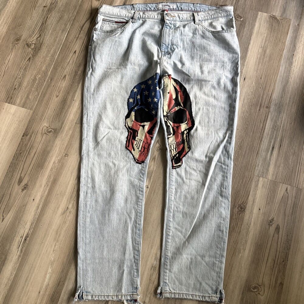 Tommy Jeans American Skull USA American Patriotic Biker Moto Jeans Mens Size 38